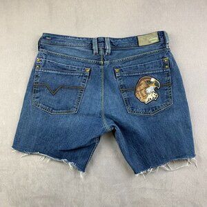 Diesel Men Jean Shorts 34 Blue Denim Lemmen Cut Off Raw Hem Eagle Patch Italy